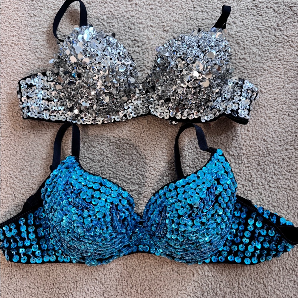 iHeartRaves Silver and Blue Sequin Bra Set size 38B
